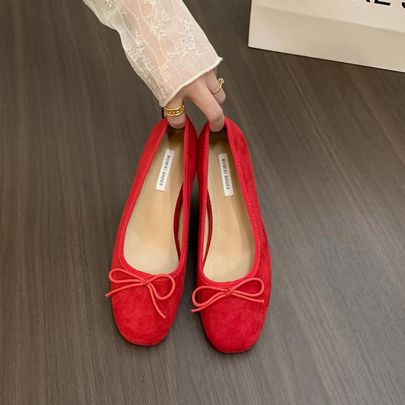 French inner heightening suede ballet single shoes women's shoes 2025 new spring and autumn bow red evening shoes