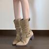 Retro suede belt buckle thick heel medium boots women's new western style thin babes pile boots