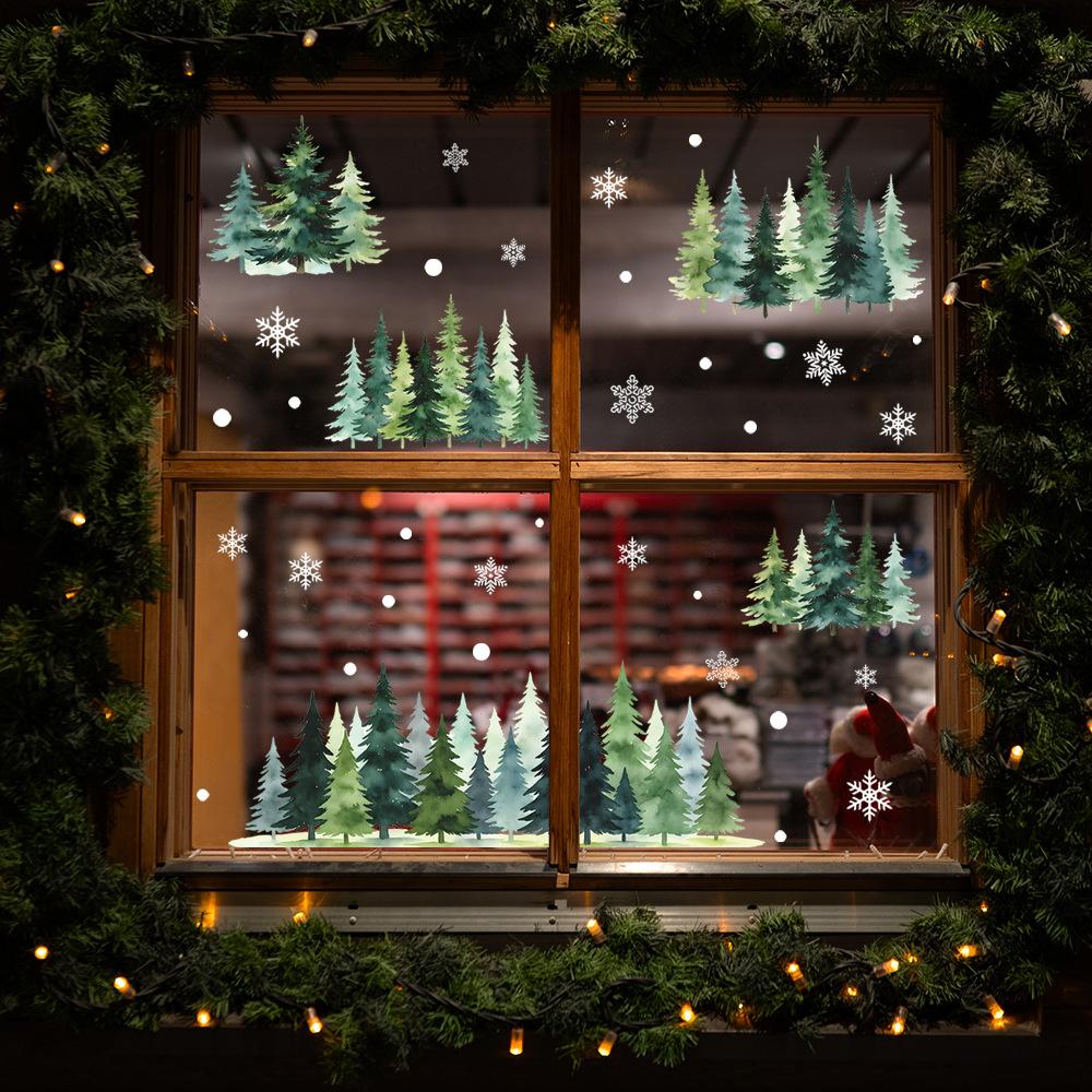 Watercolor Minimalist Fir Snow Festive Atmosphere Decoration for Balcony Glass Windows Beautifying Window Stickers