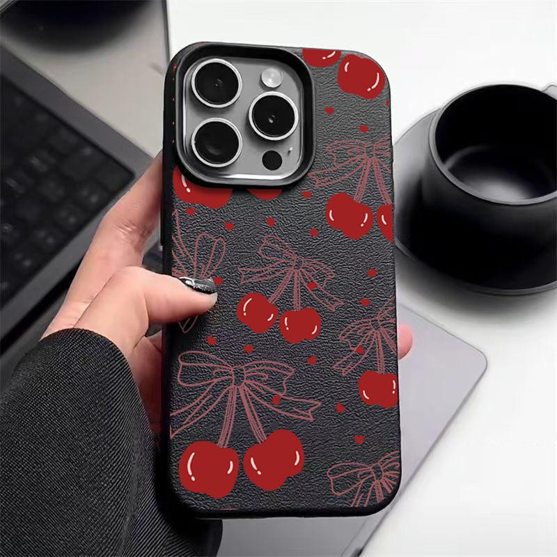 Leather Texture TPU Soft Phone Case For iPhone 16 Pro Max 15 Pro 14 13 12 11 Bowknot Cherry Print Slim Shockproof Matte Bumper Cover