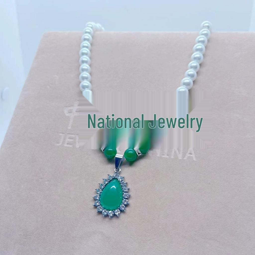 Mother's Chain Imitation Pearl & Rhinestone Necklace Set with Green Chalcedony - Perfect Mother's Day Gift