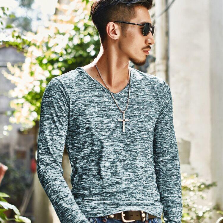 Pánské ležérní topy Slim Fit s dlouhým rukávem Jednobarevné Výstřih do V Bavlněná trička Halenka121