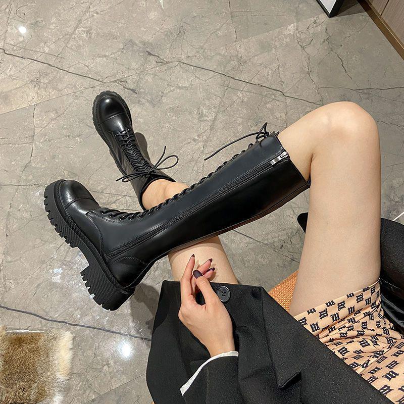 2025 Women's British Style Thick-Soled Long Knight Boots with Big Toe and Over-the-Knee Lace-Up Design.