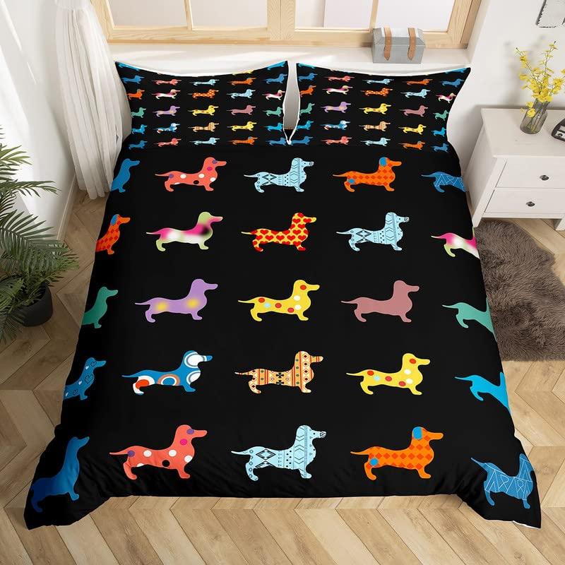 Sausage Dog King Queen Duvet Cover Floral Dachshund Bedding Set Cartoon Puppy Animal Comforter Cover Pet Polyester Quilt Cover