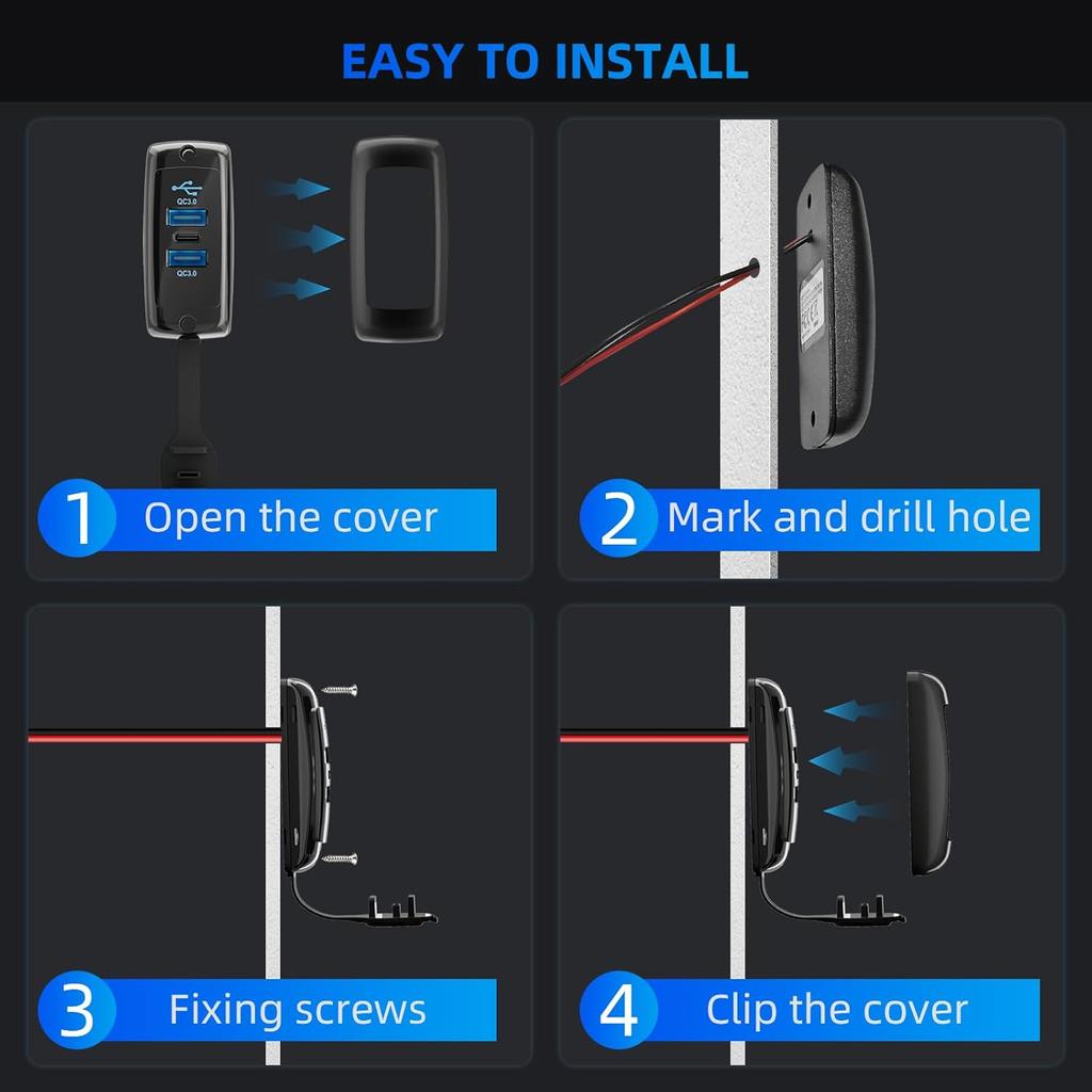 2PCS 3 Ports 12V RV USB Outlet 56W, 2PCS Type-C PD3.0 Quick Charge & Dual QC3.0 Panel Wall Surface Mount, Automotive Car Multi-Port USB Socket