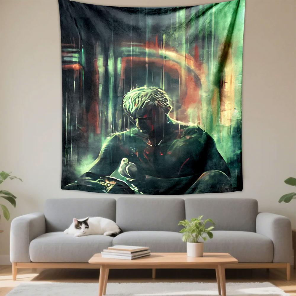 Blade Runner Style Man Tapestry Wall Hanging, White Hair Rain City Digital Art, Futuristic Wall Decor for Bedroom Living Room Dorm
