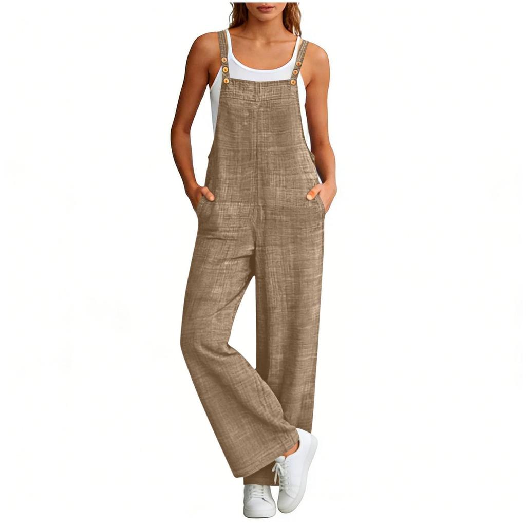 Women's Fashionable Suspender Wide Leg Loose Casual Suspender Pants With Pocket Buttons And Jumpsuit