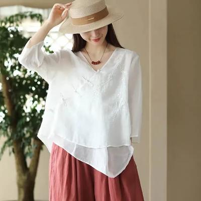 Damen Sommer Lose Dünne Top Chinesischen Stil Stickerei Disc Taste Bluse