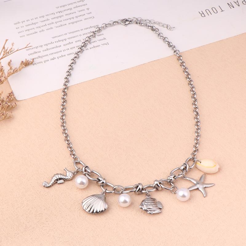 

Морская звезда Раковина Имитация жемчуга Женское ожерелье из нержавеющей стали Подвеска Солнце и Луна Летний пляжный отдых Y2K Украшение Подарок