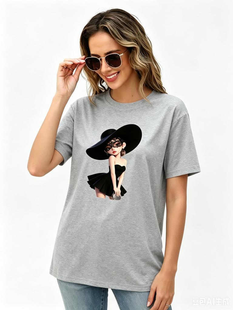 Cotton Cartoon Elegant Lady With Big Black Hat Print Women T Shirt Fashion Doll Graphic Crew Neck Loose Short Sleeve YK