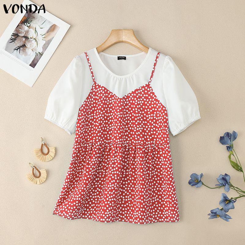 

VONDA Women Casual Round Neck Print Patchwork Fake Two-piece Short Sleeve Blouse 5XL красный
