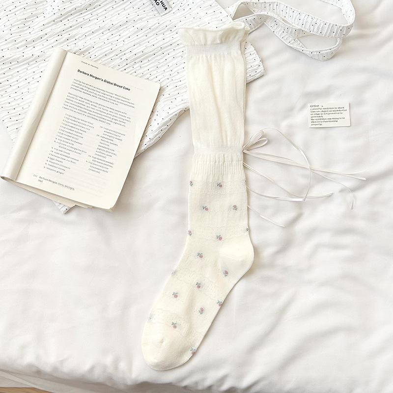 White Cotton Floral-patterned Socks - Summer Light-weight Long Stockings with Trailing Ribbons and Bunches of Bows At The Back.