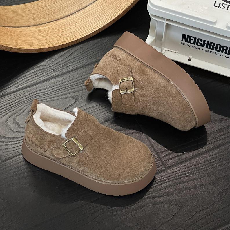 Leather retro women's autumn and winter models, leather velvet thickened warm fluffy shoes, platform casual cotton shoes