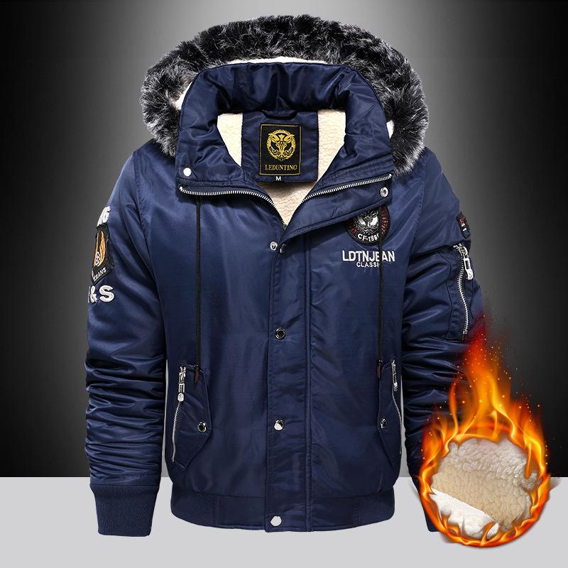 2025 New Men's Hooded Aviator Jacket, Raw Edge Collar, Thick Sherpa Lining, Winter Warm Windbreaker, Outdoor Leisure