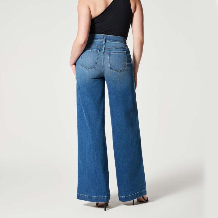 Trendy Women Casual Wide Leg Jeans Solid Color Seamed Front Trousers Fashion New