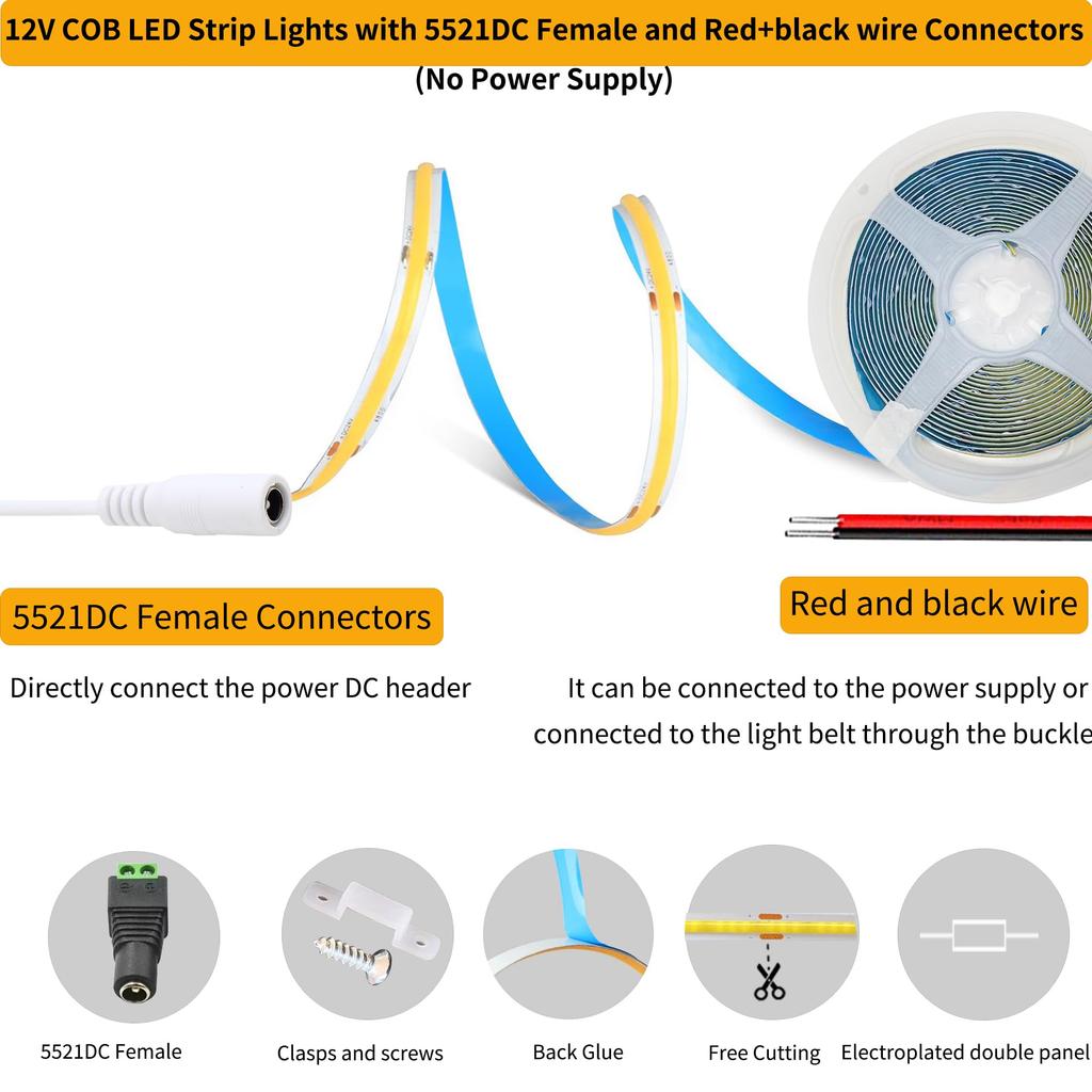 Clearhill 12V DC Taśma LED COB (Złącze przewodu żeńskiego + czarno-czerwonego), 5M Pomarańczowy, 320 LED/m, Mocne Światło, Szerokość 8mm, Nie wodoodporny, IP20,