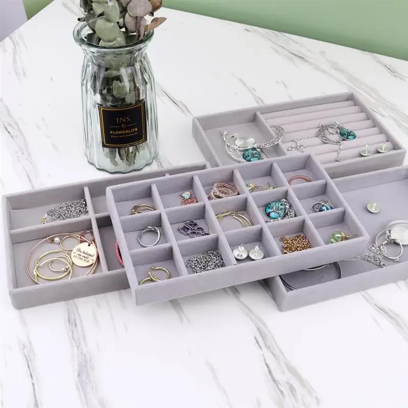 Velvet Jewelry Storage Box Necklace Stackable Display Tray Bracelet Earring Organizers DIY Handicrafts Drawer Box Grey