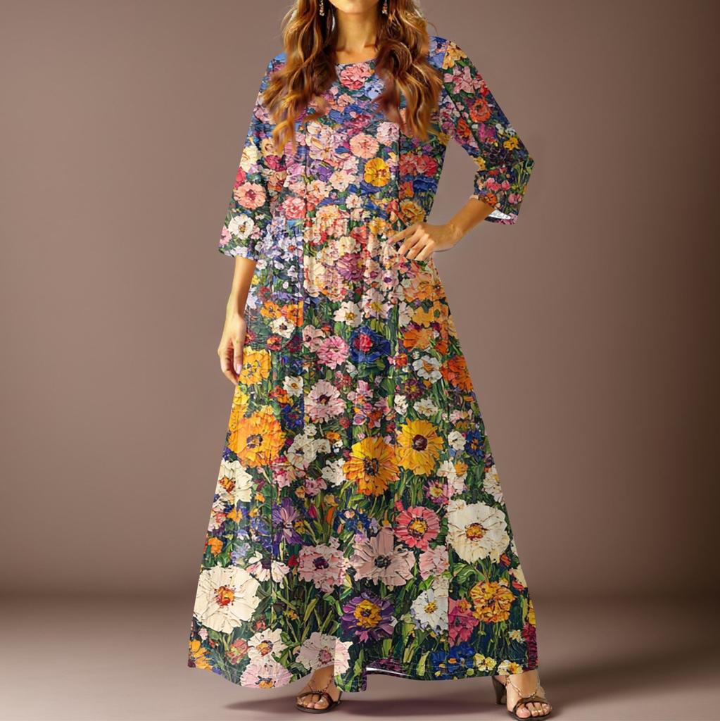 Damen Freizeitmode Blumenmuster Dreiviertelarm Langes Kleid mit Taschen