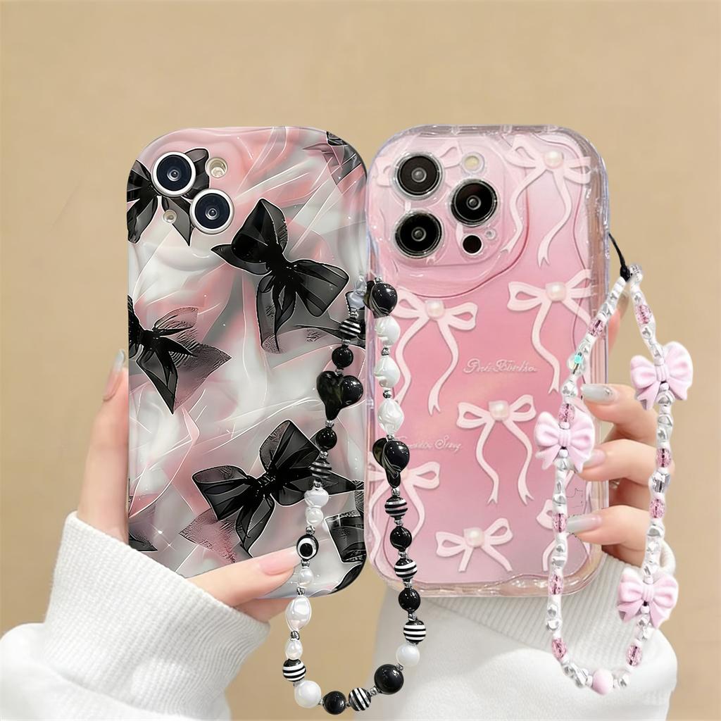 Cute Pink Bow Love Chian Strap 3D Wave Case For Honor Magic 7 Lite 400 Lite Pro X9B X9D X7D X7A X8A X6B X6A X7B X8C Cover Silico