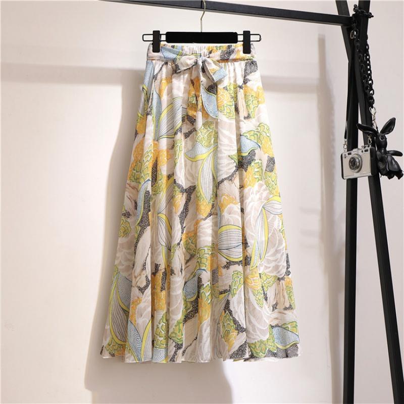 Spring and Summer New Bohemian Chiffon Skirt Mid-Length High Waist Fairy Floral Large Swing Skirt Beach Skirt