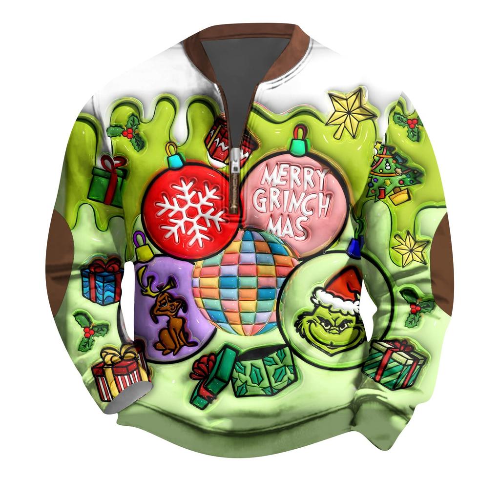 Men's Vintage Green Christmas Casual Three-dimensional Printed Zip-up Sweatshirt Pullover