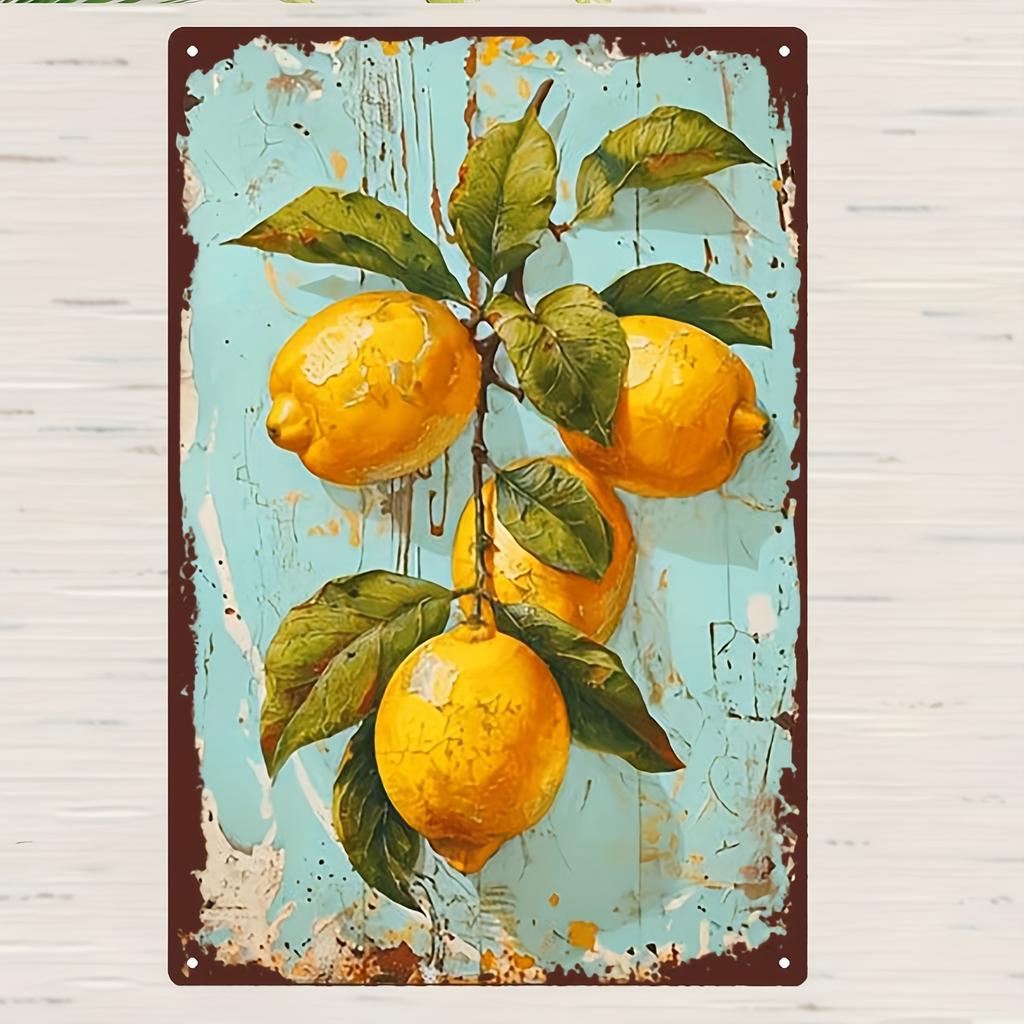 2D Flat - Vintage Lemon Branch Metal Sign - Rustic 8x12 Inch Wall Art with Realistic Lemons & Dappled Background, Perfect for Li