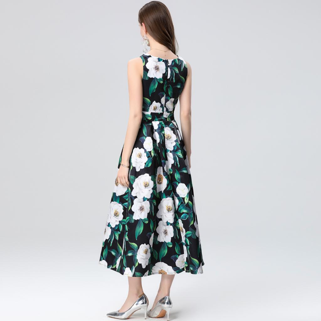 Summer Women Fashion European Style Elegant Sleeveless Print Long Maxi Tank Party Dresses