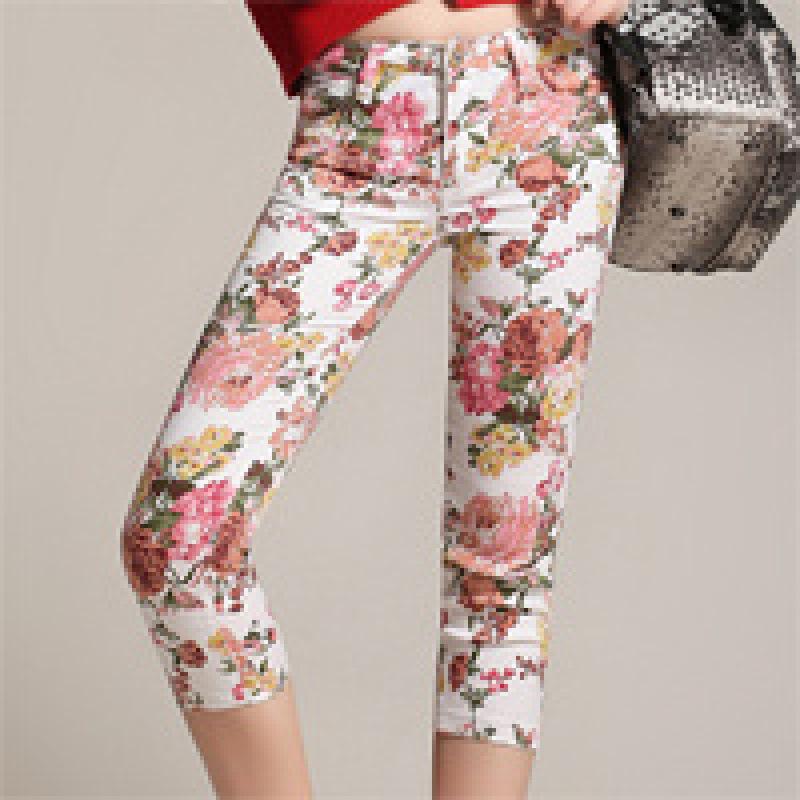 Women's Slim-Fit Printed Cotton Pencil Pants, Mid-Waist, Elastic, Urban Style