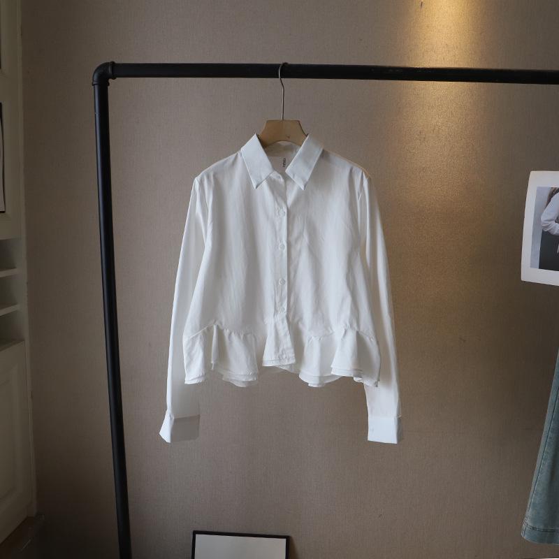 

2025 Ранняя весна Корейский стиль Рубашка женская с длинным рукавом и оборками - Однотонная One Size белый