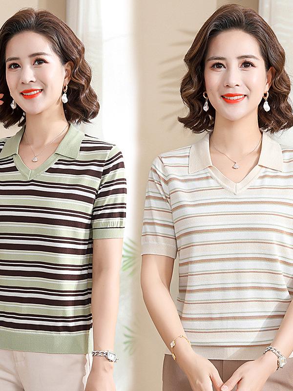Stylish Striped Ice Silk Short Sleeve T-shirt for Middle-Aged Women