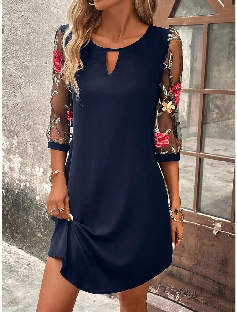 Vestido Camiseta de Malla Floral con Manga y Escote de Ojal para Mujer Vestido Túnica Casual de Manga Corta Vestido de Verano de Color Sólido
