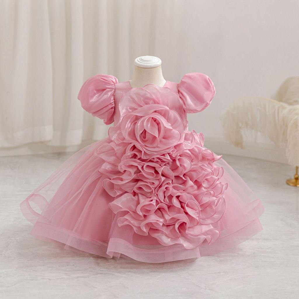 Girls' 3D Flower Princess Dress: First Birthday Puff Sleeves and Puffy Skirt