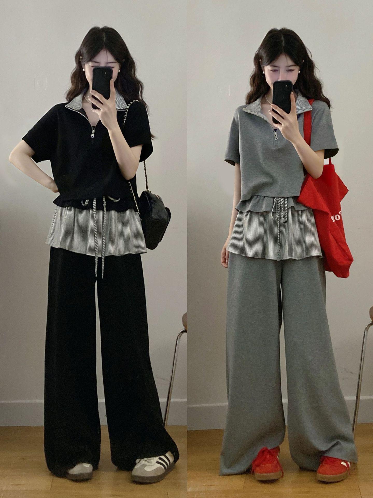 Korean Style Plus Size Striped Top & Wide Leg Pants Set for Women 4XL