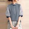 Women Casual Stand Collar Splice 3/4 Sleeve Loose Blouse