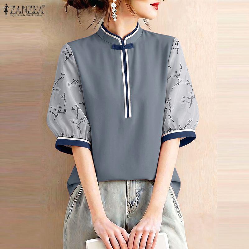 ZANZEA Women Casual Stand Collar Splice 3/4 Sleeve Loose Blouse
