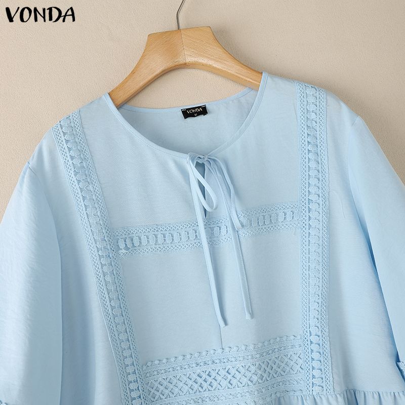 ZANZEA Summer Women Round Neck Solid Color 3/4 Sleeve Crochet Casual Blouse
