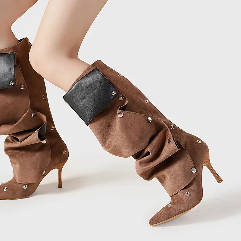 Fashion High Heel Long Boots for Women Botte Winter Boots Shoes Botas Mujer Thin Heeled Pointed Denim Metal Button Shoe Zapatos De Mujer