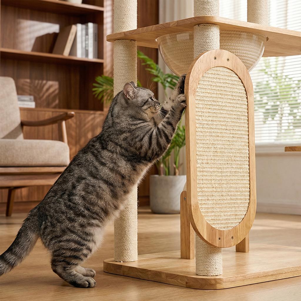 Solid Rubber Wood Cat Jumping Platform with Scratching Posts Cat Scratching Ball and Board Washable for Large & Multi-Cat Homes