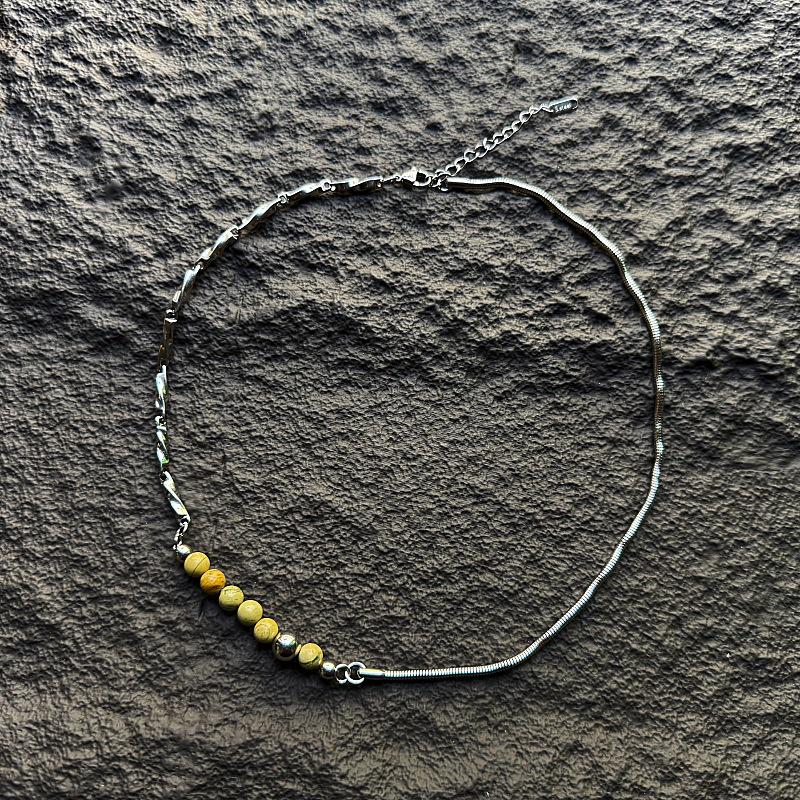 Gaga Desert Oasis Genderless Stone Necklace: Textured Stainless Steel Clavicle Choker for Men & Women