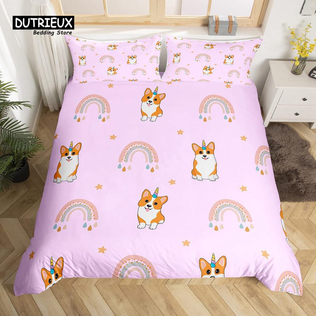 Cute Panda Duvet Cover Set Kawaii Rainbow Cartoon Animals Bedding Set Full Microfiber White Flowers Pink Heart Comforter Cover