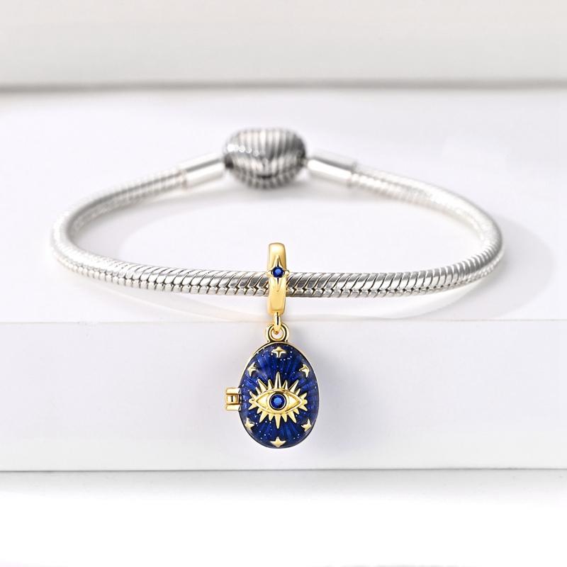 Original 925 Sterling Silver Bead Charms Golden Eye Openable Easter Egg Pendant Fit Original Bracelet For Women DIY Jewelry Gift