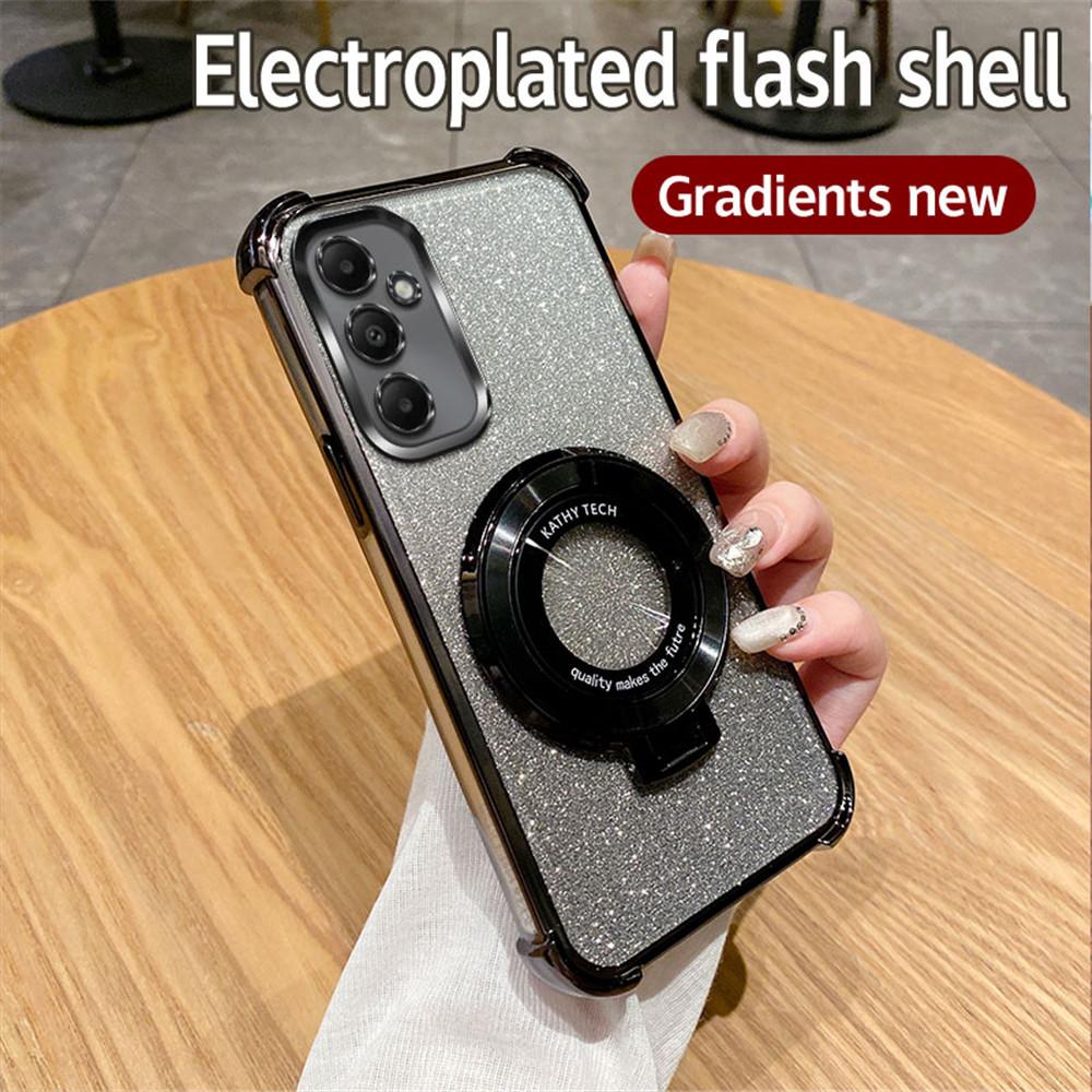 Luxury Glitter Plating With Holder Case For Samsung A06 A16 A05S A15 A25 A35 A55 A04 A14 A24 A34 A54 Soft Shockproof Stand Cover