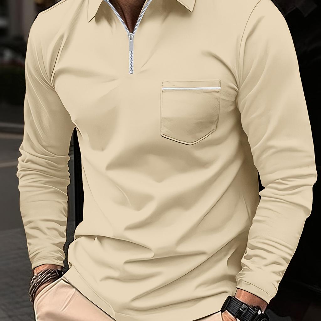 Men's Long-Sleeve Polo Shirt with Zipper Pocket - Casual Fit for Spring/Autumn