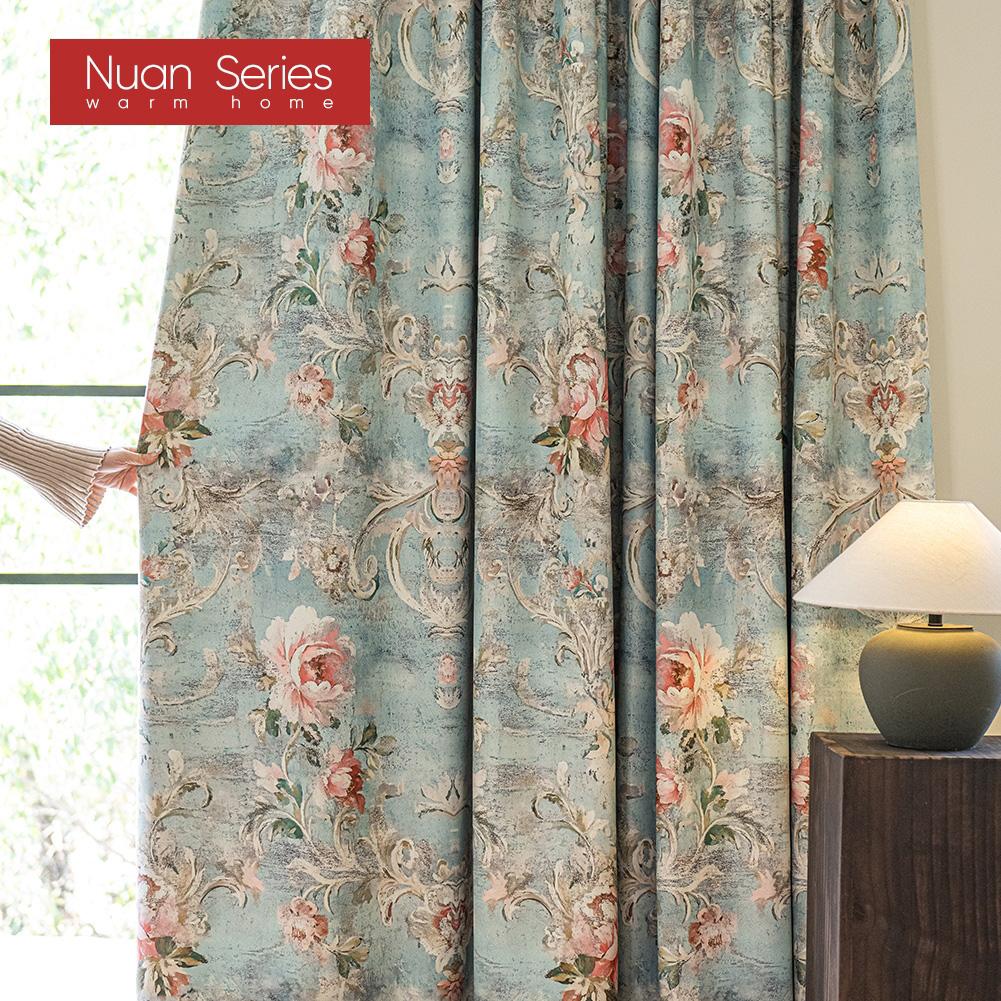 1PC Nuan Series French Idyllic Style Blackout Curtains Blue Bottom Peony Print Curtains Thick Curtains for Bedroom Living Room Window for Home Decor