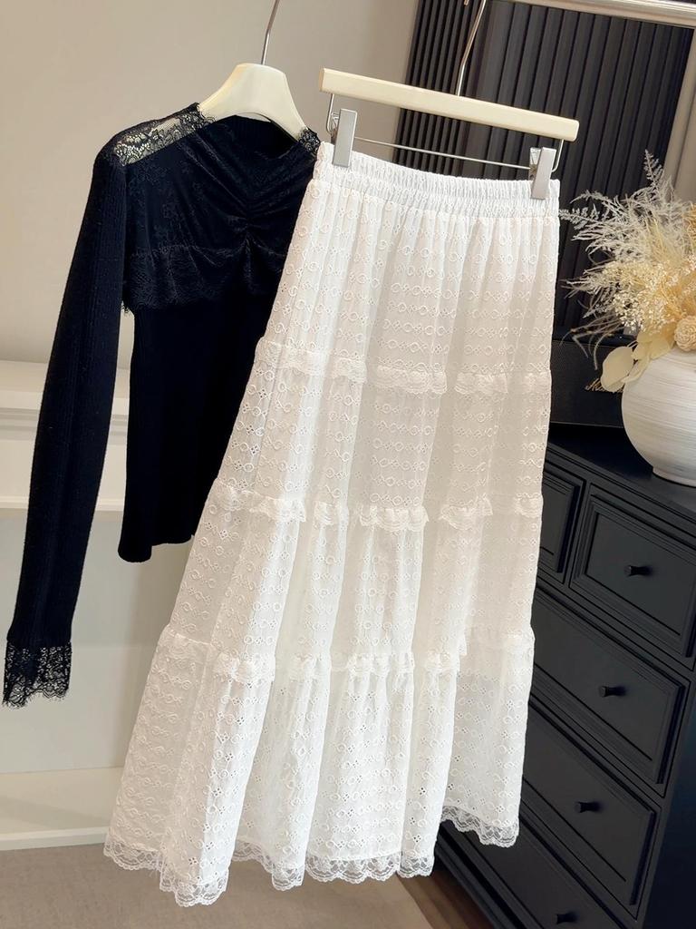 2026 Spring/Summer High-Waisted Lace A-Line Layered Skirt for Women