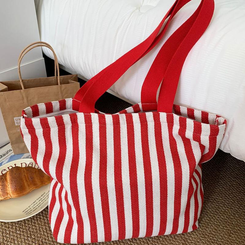 1Pcs Female Daily Shopping Bags Simple Striped Women'S Canvas Casual Shoulder Bags Fashion Large Capacity Ladies Tote Handbags