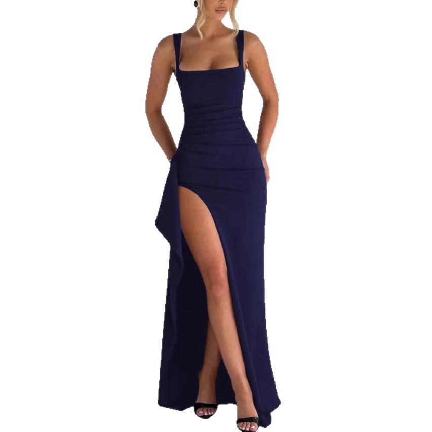 Wide Strap Square Neck Maxi Dress Ruched High Slit Elegant Bodycon Long Gown Multicolor Draped Side Split Sleeveless Evening Party Formal Prom Dress