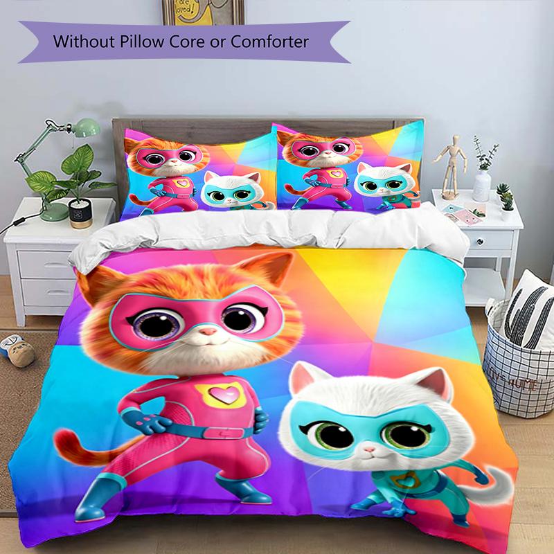 3pcs Super Kitties Adventures1 Design Cover Set - HD Printed Bedding with 1 Cover and 2 Pillowcases - Perfect for Home and Dorm Decor