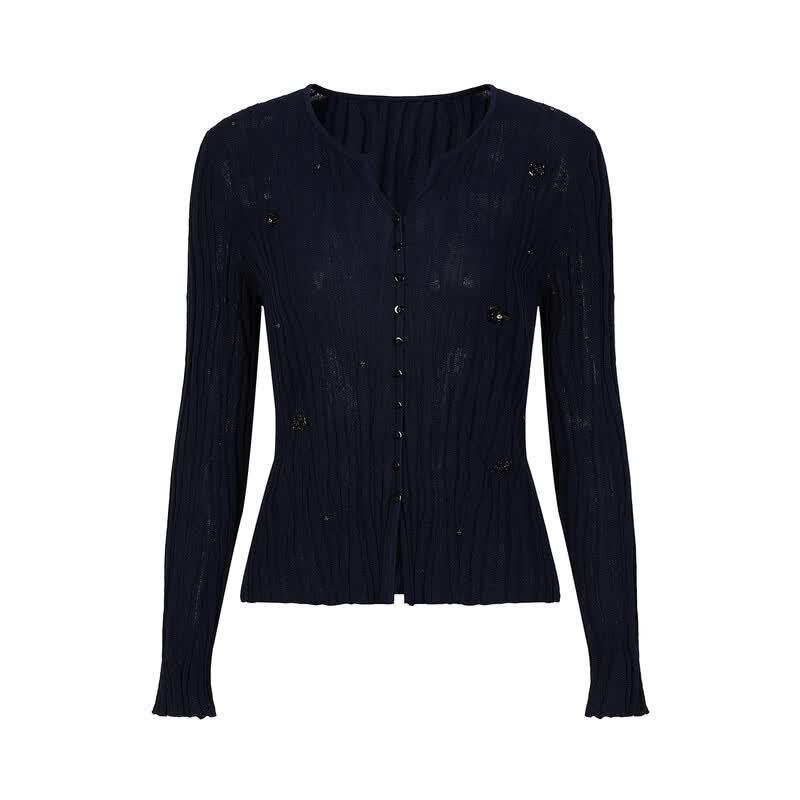 Elegant V-Neck Beaded Ribbed Knit Cardigan