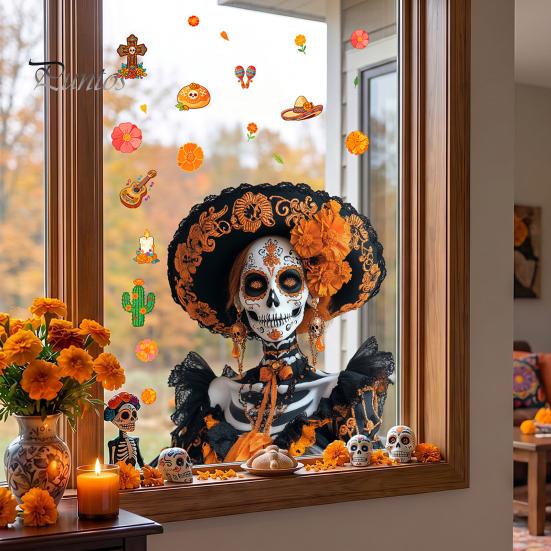 Durable Sunproof Glass Stickers Day of The Dead Window Clings, Halloween Double-Sided Skull Sticker, Versatile Indoor Outdoor Decorations Colorful
